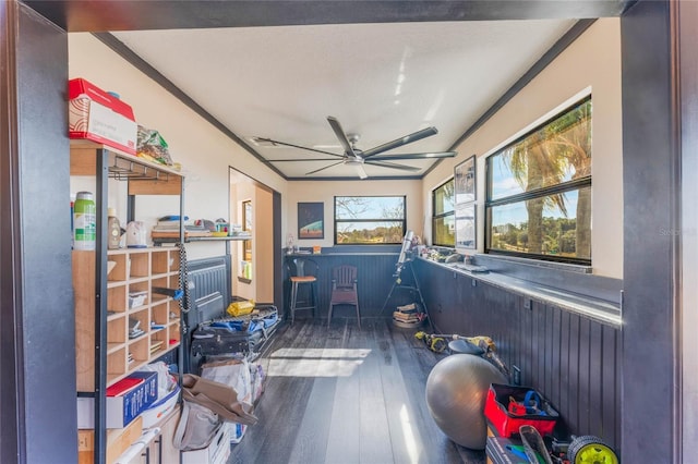 interior space featuring dark hardwood / wood-style floors and ceiling fan