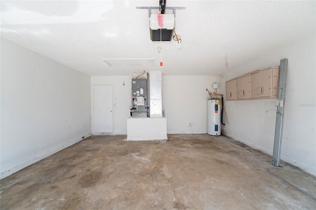 garage featuring a garage door opener, electric water heater, and heating unit