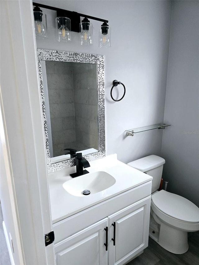 bathroom featuring vanity, wood-type flooring, and toilet