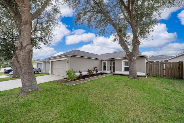 ranch-style house with a garage and a front lawn