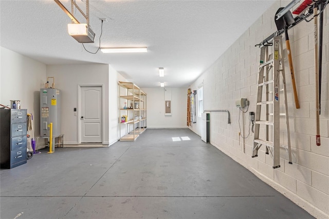 garage featuring electric panel, electric water heater, a garage door opener, and concrete block wall