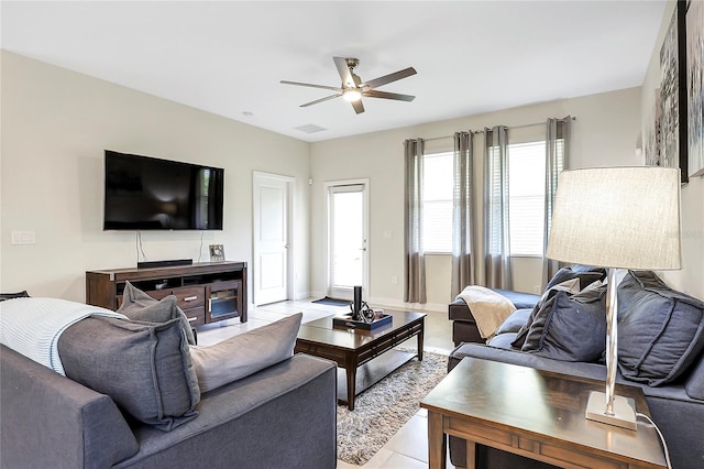 living room featuring ceiling fan