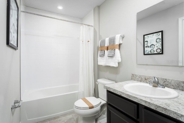 full bathroom featuring vanity, toilet, and shower / bathtub combination with curtain