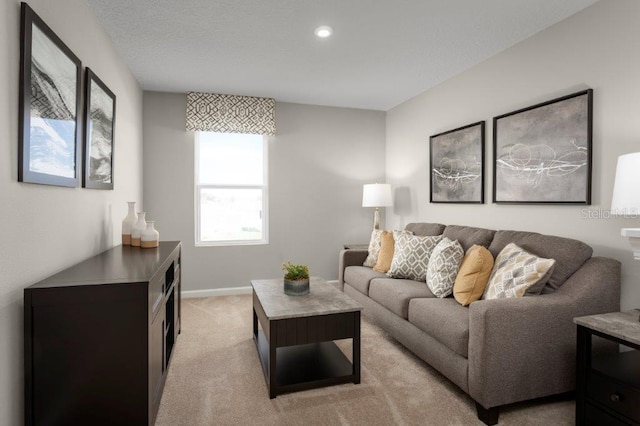 living room with light colored carpet