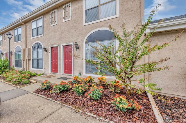 view of exterior entry with stucco siding