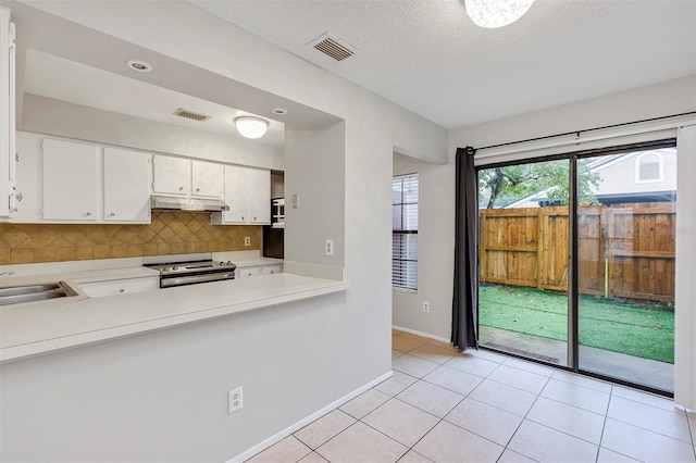 kitchen with electric range, visible vents, decorative backsplash, under cabinet range hood, and a sink