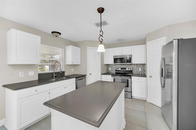 kitchen with white cabinetry, sink, decorative light fixtures, and stainless steel appliances