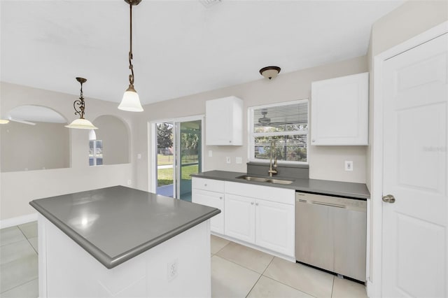 kitchen with white cabinetry, dishwasher, sink, and pendant lighting