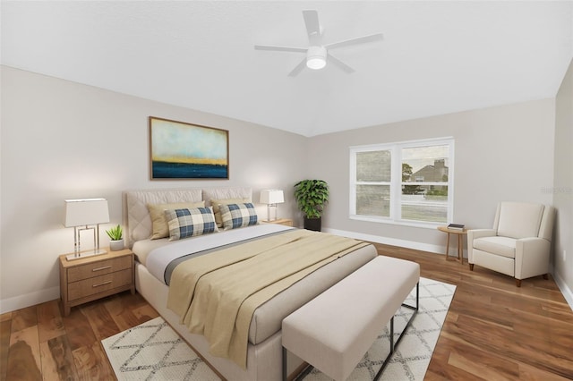 bedroom featuring dark wood-type flooring and ceiling fan