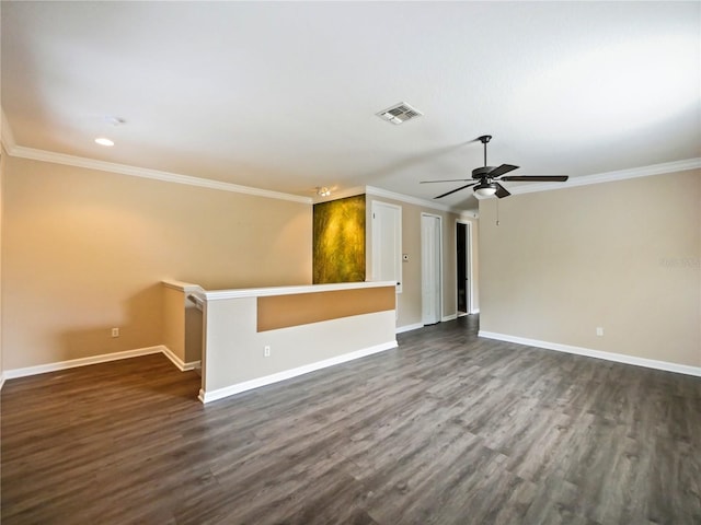 unfurnished living room with crown molding, dark hardwood / wood-style floors, and ceiling fan