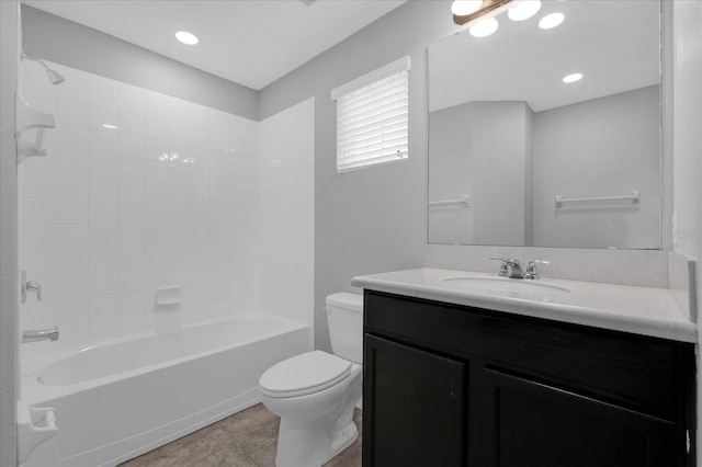 full bathroom with shower / washtub combination, toilet, tile patterned flooring, and vanity