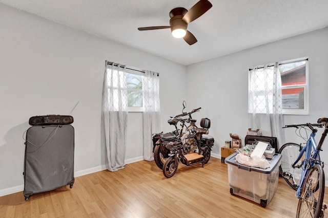 miscellaneous room featuring ceiling fan and light hardwood / wood-style flooring