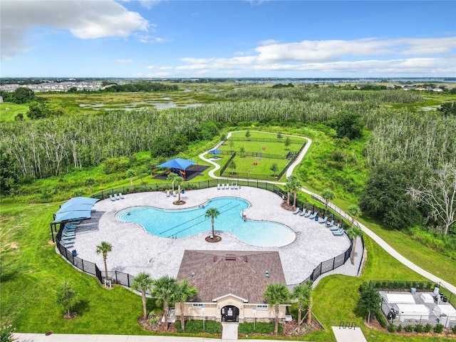 view of pool featuring a yard and a patio