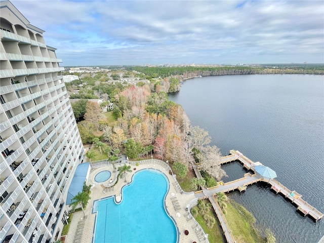 drone / aerial view featuring a water view