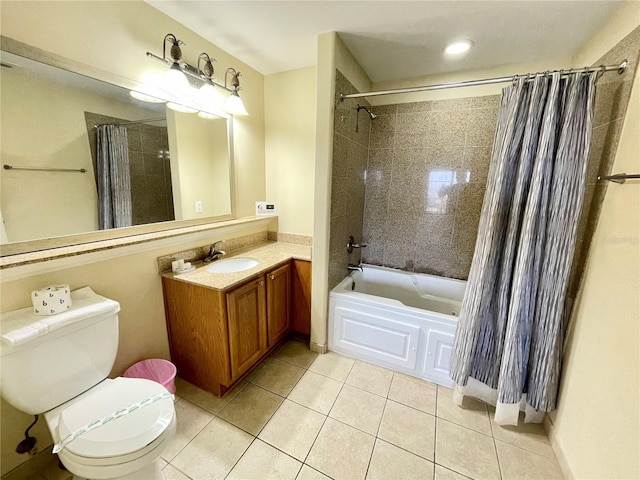 full bathroom with tile patterned flooring, vanity, shower / bathtub combination with curtain, and toilet