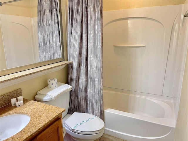 full bathroom featuring shower / tub combination, vanity, and toilet