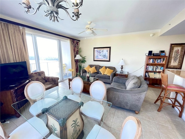 tiled living room with crown molding and ceiling fan with notable chandelier