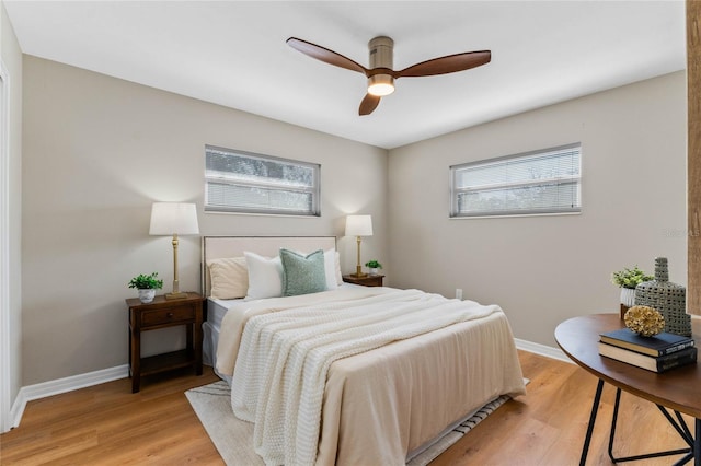 bedroom with ceiling fan and light wood-type flooring