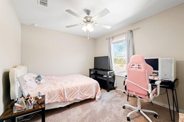 carpeted bedroom with ceiling fan