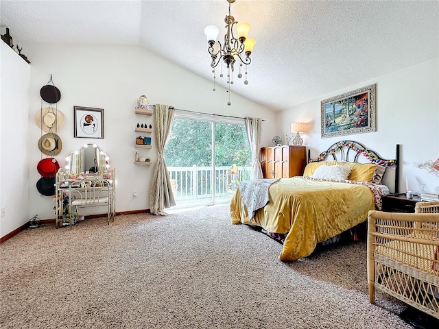 bedroom with lofted ceiling, carpet, a notable chandelier, a textured ceiling, and access to outside