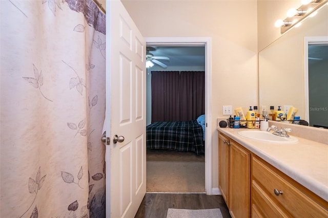 bathroom with vanity and hardwood / wood-style flooring