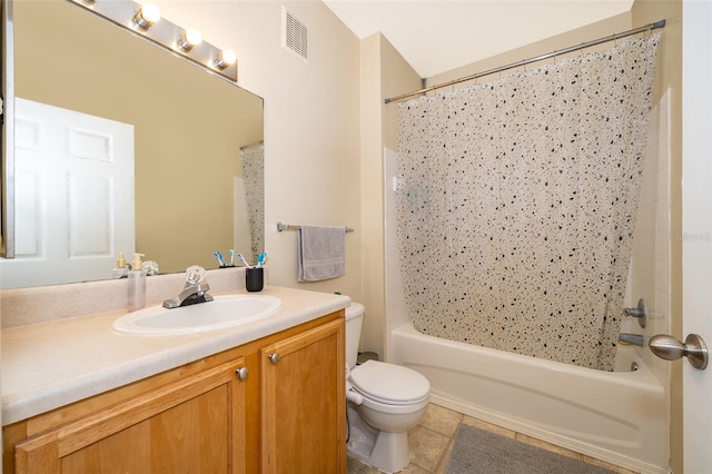 full bathroom featuring tile patterned flooring, vanity, shower / tub combo with curtain, and toilet