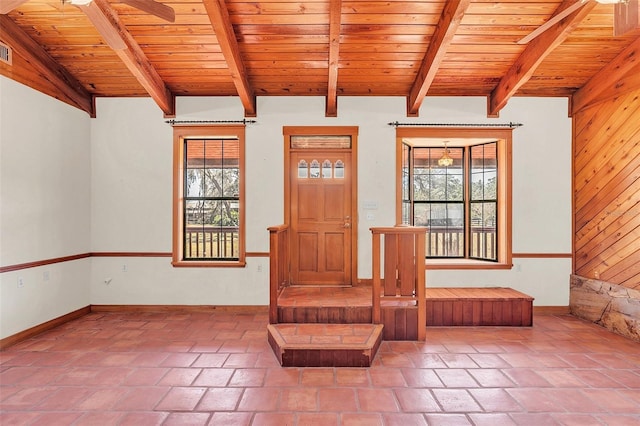 unfurnished room featuring beam ceiling and wood ceiling