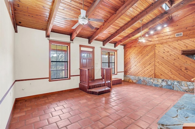 interior space featuring wood ceiling, ceiling fan, wooden walls, and lofted ceiling with beams