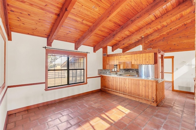 kitchen with stainless steel refrigerator, lofted ceiling with beams, decorative backsplash, wood ceiling, and kitchen peninsula