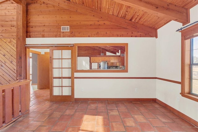 unfurnished room featuring wood ceiling and vaulted ceiling with beams