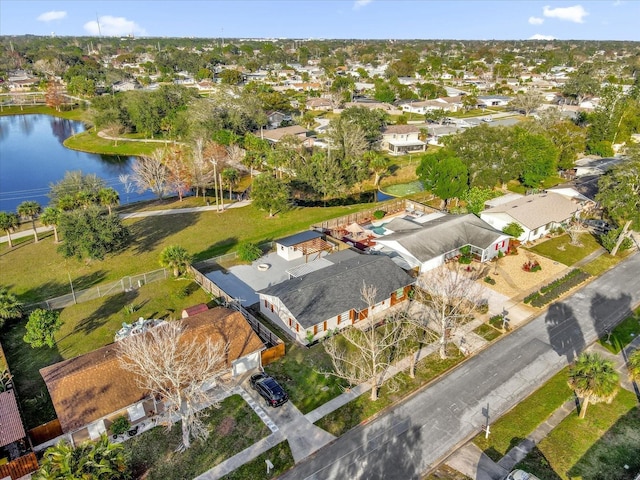 drone / aerial view with a water view