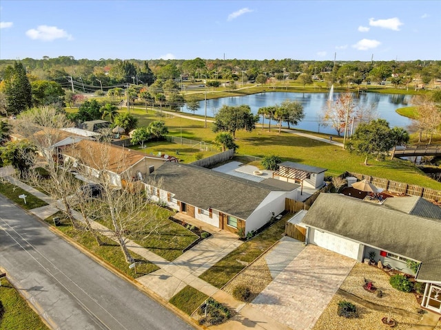 drone / aerial view with a water view