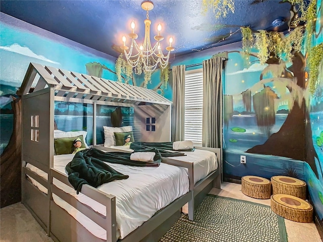 bedroom featuring a notable chandelier