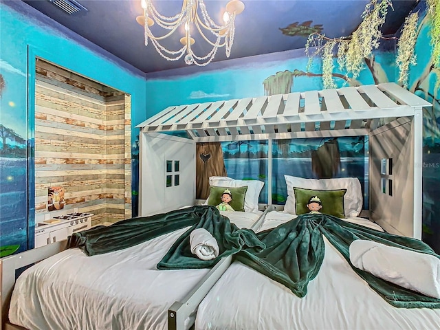 bedroom featuring a notable chandelier and wooden walls