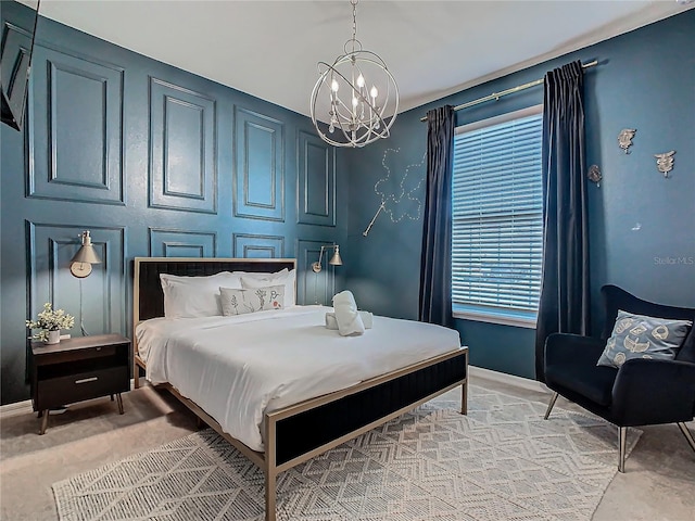 carpeted bedroom with an inviting chandelier