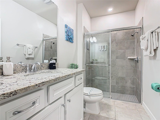 bathroom with tile patterned flooring, vanity, an enclosed shower, and toilet