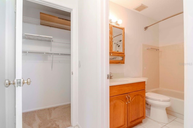 full bath featuring visible vents, toilet,  shower combination, tile patterned flooring, and vanity