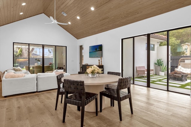 dining area with high vaulted ceiling, wood ceiling, and light hardwood / wood-style flooring