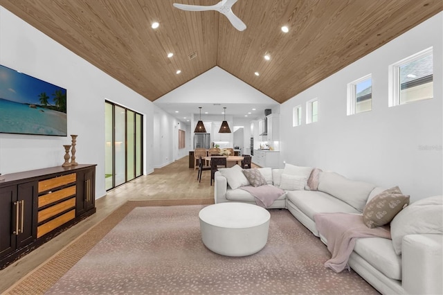 living room featuring ceiling fan, high vaulted ceiling, and wooden ceiling