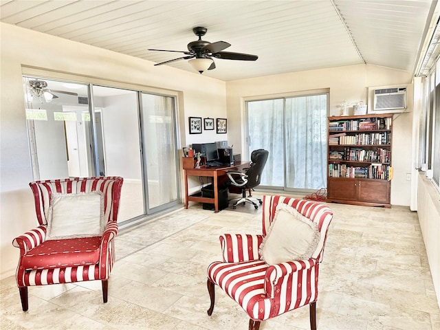 office area featuring ceiling fan, a wall mounted air conditioner, wooden ceiling, and lofted ceiling