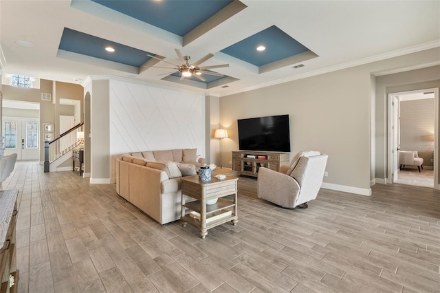 living room with crown molding, ceiling fan, coffered ceiling, and light wood-type flooring