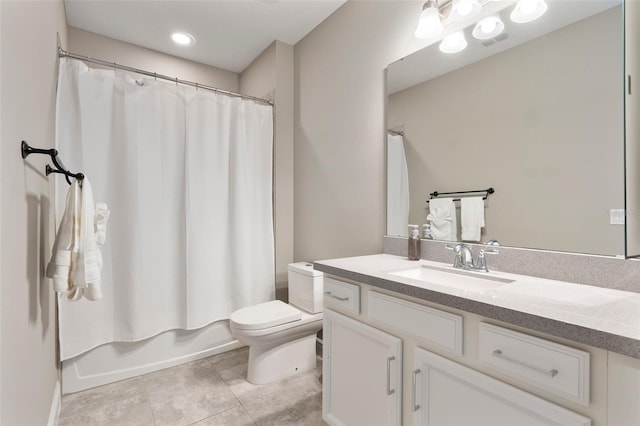 full bathroom featuring shower / bath combination with curtain, vanity, toilet, and tile patterned flooring