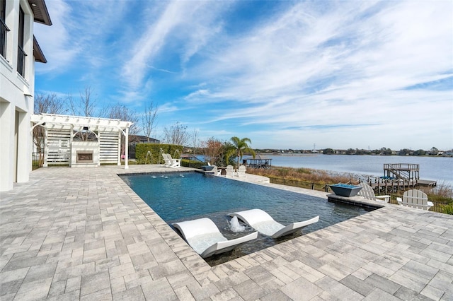 view of swimming pool with a water view and a patio