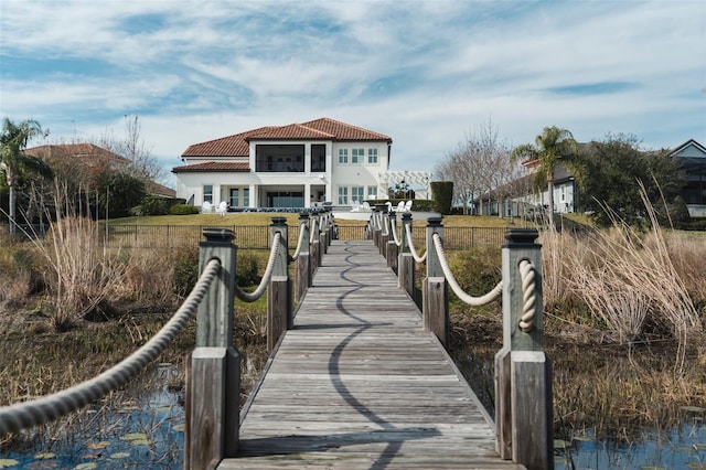 dock area with a water view