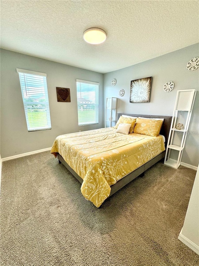 bedroom with carpet floors and a textured ceiling