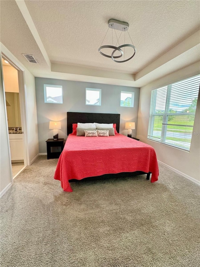 carpeted bedroom with a raised ceiling and a textured ceiling