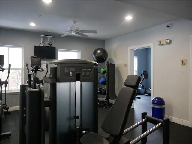 gym featuring a wealth of natural light and ceiling fan