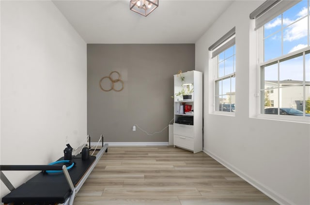 exercise area featuring light hardwood / wood-style floors