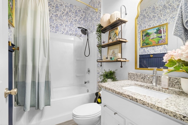 full bathroom featuring shower / tub combo, vanity, and toilet