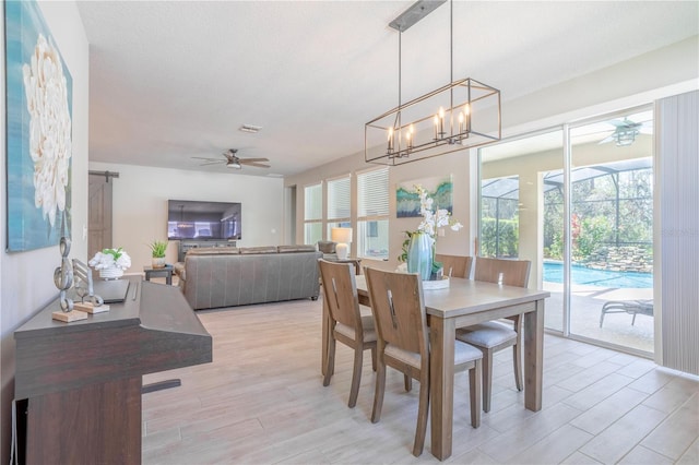 dining area with visible vents, ceiling fan with notable chandelier, light wood-style floors, and a textured ceiling